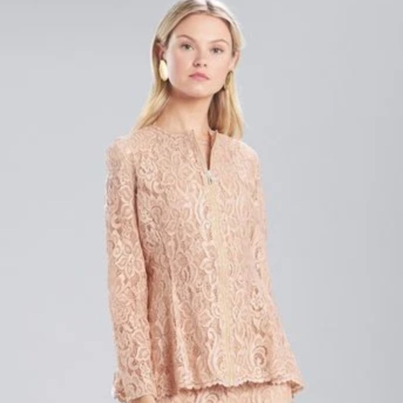 Josie Natori Lacquer Nude Lace Top NWT Zip front Semi Sheer Peplum - Picture 11 of 11